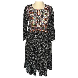 Madame Hall Dress OS Black Midi Kutch Mirror Embroidered Artisan Indian Boho
